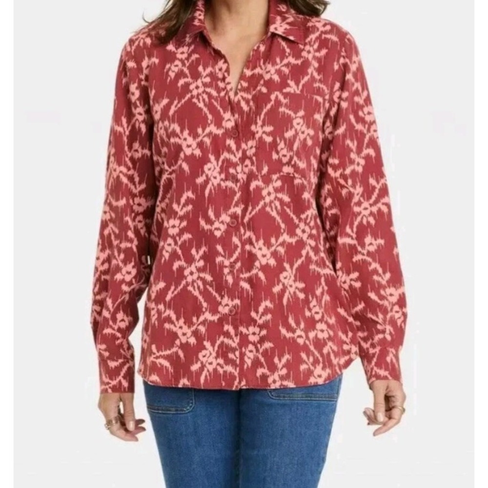 Knox Rose Women's Size XS Long Sleeve Button Down Shirt Deep Hibiscus